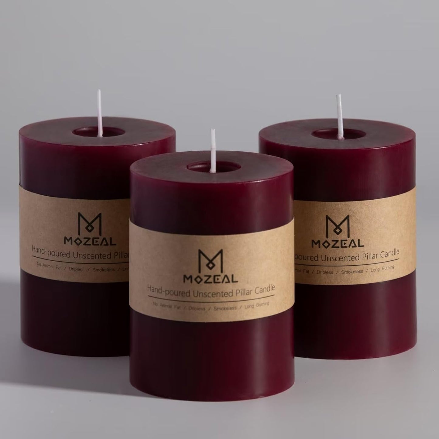 MOZEAL 3" x 4" Hand-Poured Unscented Candle,Dripless Pillar Candle Set of 3,Long Clean Burning,Approx 72 Hours Burn Time,Rustic Country Style,Wedding,Dinner,Christmas and Home Decor,White