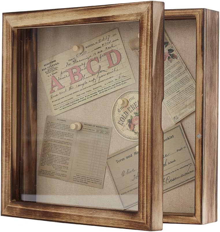 Freezing point Shadow Box Frame 8x8 Shadow Boxes Display Case with Linen Back Memorabilia Awards Medals Bouquet Photos Picture Badge Wedding Memory Box for Keepsakes Carbonized Small Pin Board