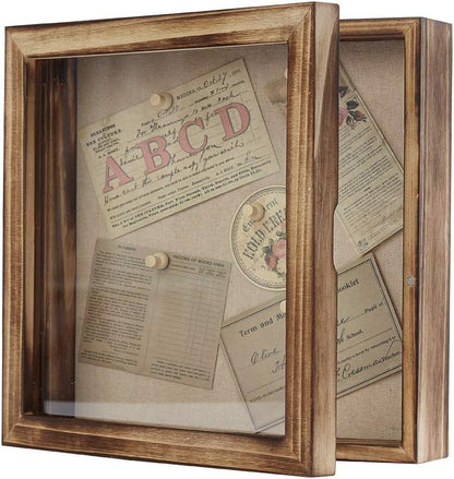 Freezing point Shadow Box Frame 8x8 Shadow Boxes Display Case with Linen Back Memorabilia Awards Medals Bouquet Photos Picture Badge Wedding Memory Box for Keepsakes Carbonized Small Pin Board