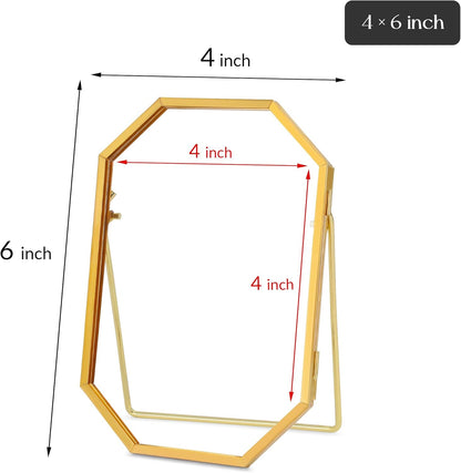 REDHUGO Glass Pressed Flower Frame Handmade, Metal Floating Picture Frame, Double Glass for Tabletop Display, Unique Brass Octagon, Gold, 5x7 Inches (Frame Only)