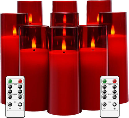 kakoya Flickering Flameless Candles Battery Operated with Remote and 2/4/6/8 H Timer Acrylic Led Pillar Candles Pack of 9 (appr D2.3"xH5.5"6.5"7.5")with Realistic 3D Wick Candles for Home Decor(White)