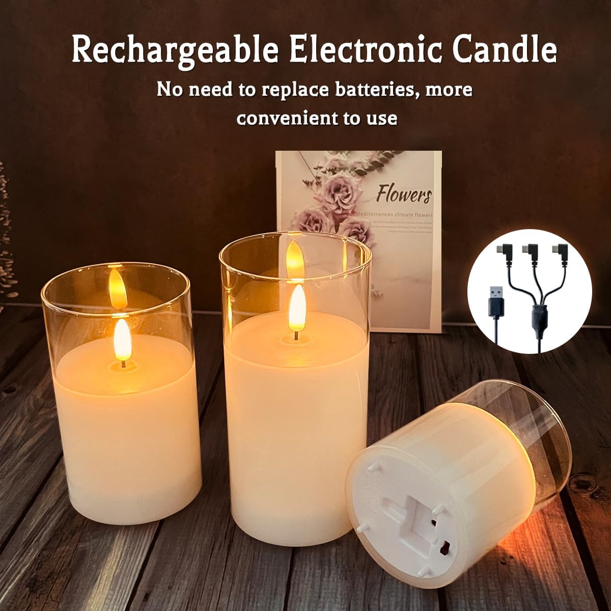 Rechargeable Flameless Glass Pillar Candles–Gifts for Women,–Set of 3, Realistic Flickering LED Light,Remote & Timer, Ideal for Living Room, Bedroom & Festival Wedding Home Party Decor