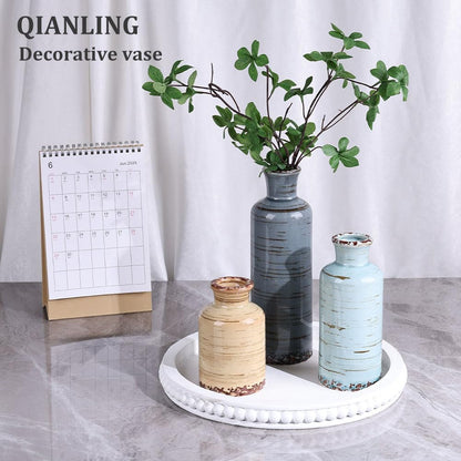 Blue Ceramic Vase Set - 3 Blue Small Vases, Farmhouse Country Flower Vase Home Decor, Living Room Decoration, Table Decoration, Fireplace Decor, and Entrance Decorations Centerpieces