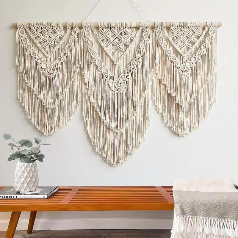 guzhiou large macrame wall hanging - Boho Tapestry Macrame Wall Decor Art- Chic Bohemian Handmade Woven Tapestry Home Decoration for Bedroom Living Room Apartment Wedding Party - 43"x32" (Wood bead)