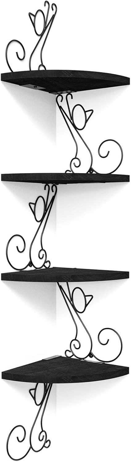 Alsonerbay Corner Shelf Wall Mount, 4 Tier Floating Shelves for Wall, Easy-to-Assemble Wall Shelves Rustic Wood Decor for Bedroom Living Room Bathroom Kitchen Office, Walnut Finish