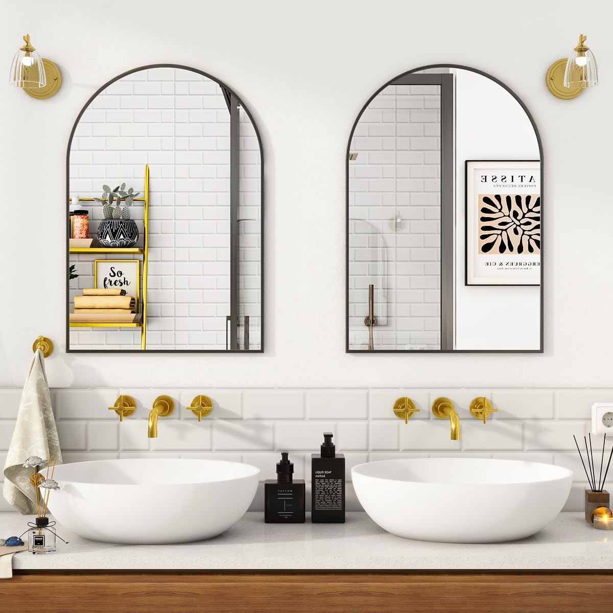 VooBang Arched Wall Mirror, 24 x 36 inch Arch Bathroom Mirror, Wall Mounted Vanity Mirror with Arch Metal Frame, Modern Bathroom Vanity Mirror for Bedroom, Living Room, Hanging or Leaning, Black