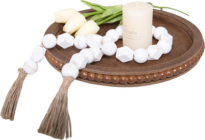 HPC Decor 12in Round Wood Tray - White, Distressed, Farmhouse Rustic - Decorative Tray for Living Room, Coffee Table, Kitchen Table or Farmhouse Serving Tray
