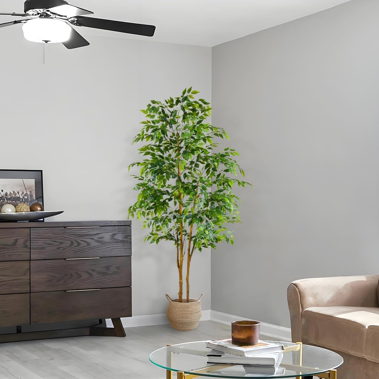 Warmplants Artificial Ficus Tree, 7ft Silk Fake Ficus Leaves Plant with Basket, Indoor Outdoor Faux Green Tree for Home Garden Office House Livingroom Décor