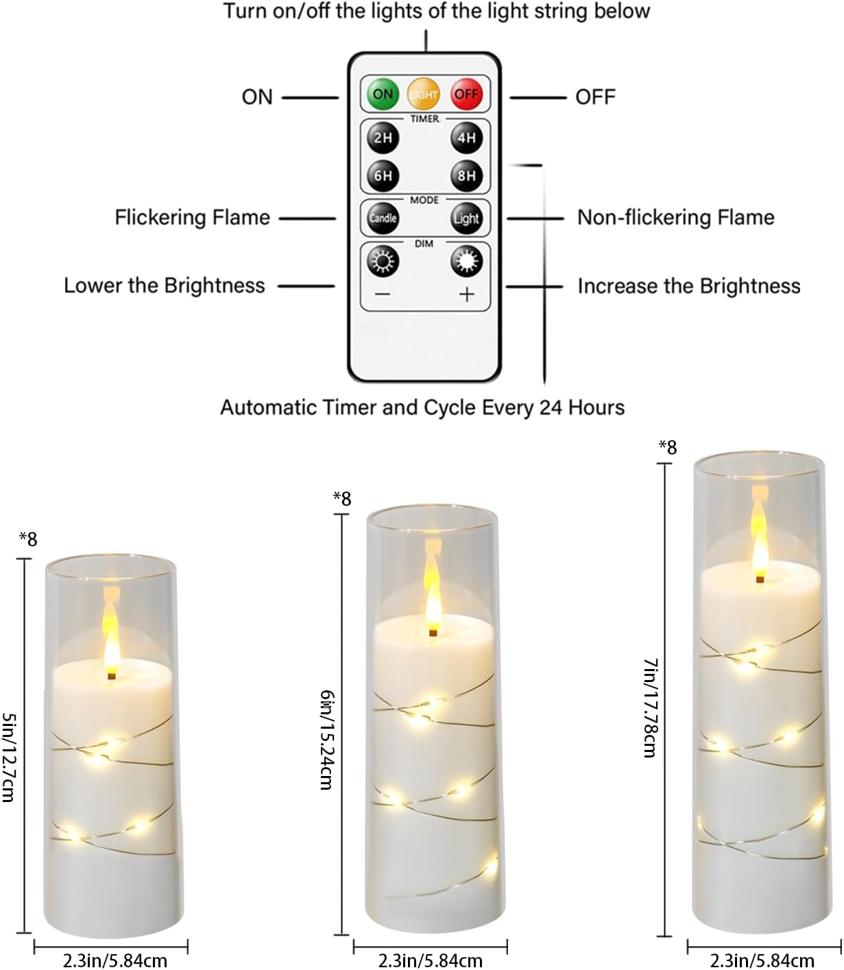 Nimiko Flickering Flameless LED Candles, 9 Pcs with Embedded Star String, Acrylic LED Pillar Candles with Remote, Suitable for Home Decoration (White)