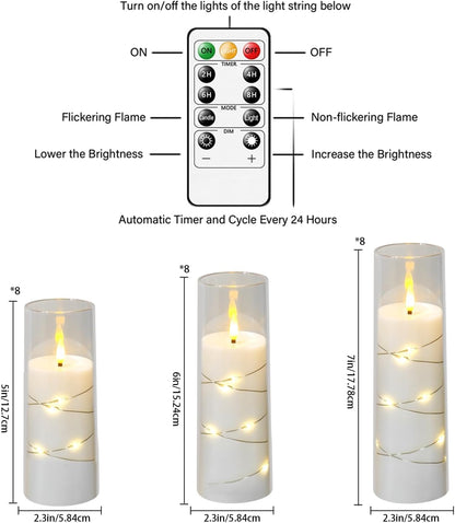Nimiko Flickering Flameless LED Candles, 9 Pcs with Embedded Star String, Acrylic LED Pillar Candles with Remote, Suitable for Home Decoration (White)