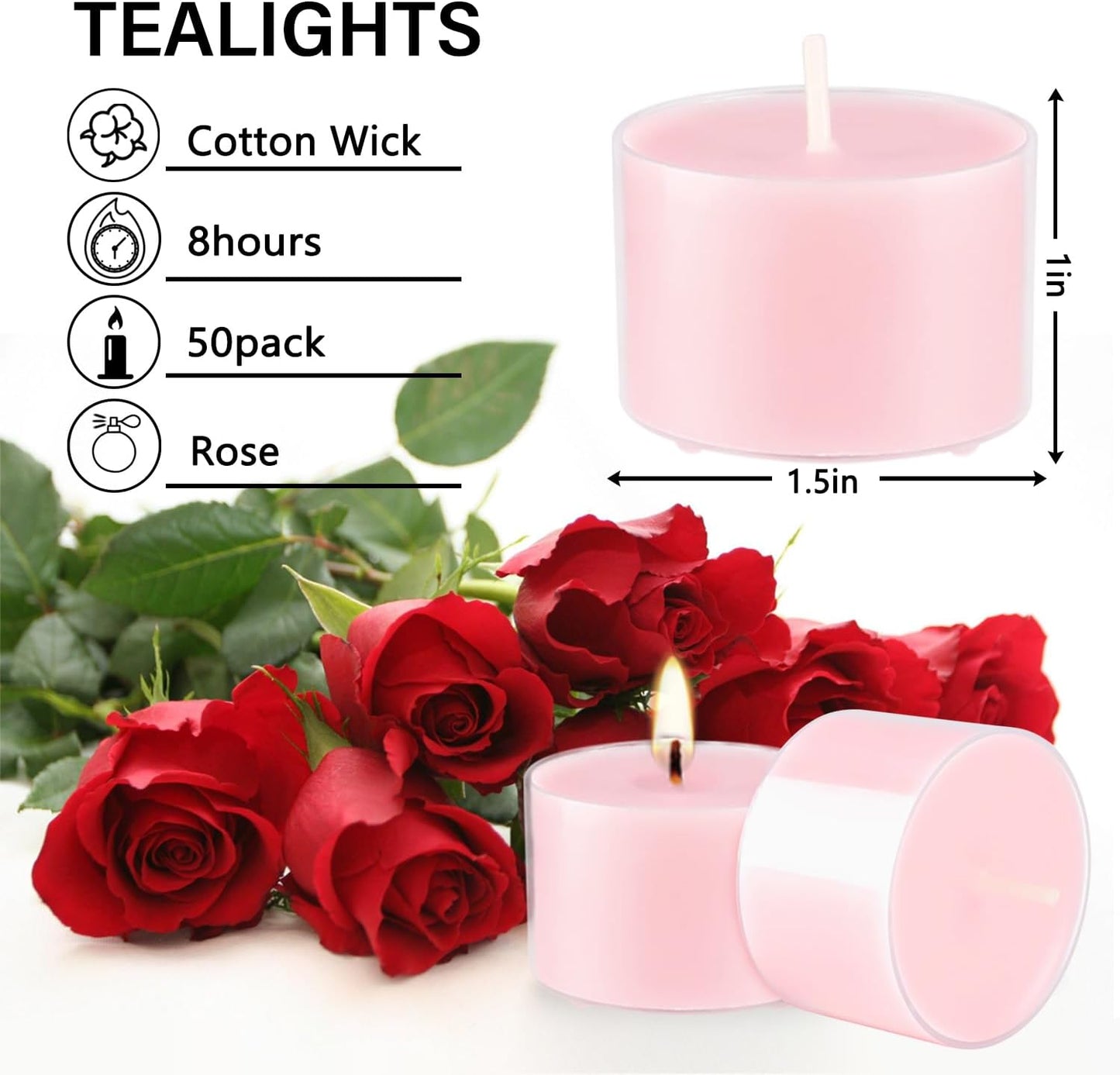 Rose Scented Candle Tealight Candles in Clear Cup, 8 Hours Consistent Smkless Clean Burning, Great for Valentine's Day Holiday, Wedding, Spa, Emergency and Home Decoration（Pink，50 Pack）