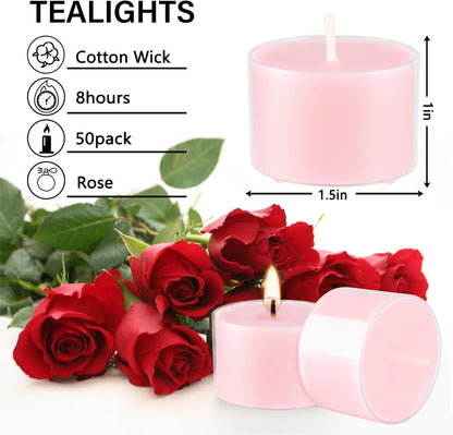 Rose Scented Candle Tealight Candles in Clear Cup, 8 Hours Consistent Smkless Clean Burning, Great for Valentine's Day Holiday, Wedding, Spa, Emergency and Home Decoration（Pink，50 Pack）
