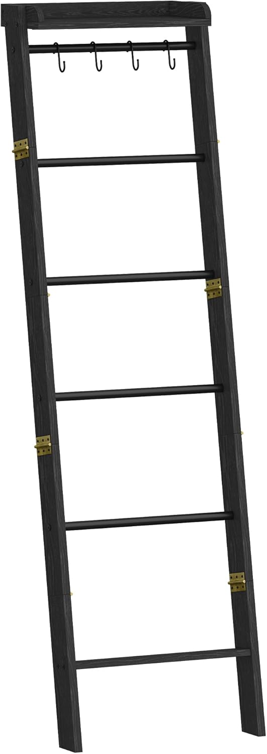 Hzuaneri Blanket Ladder Shelf, Decorative Quilt Rack, 6-Tier Farmhouse Ladder Holder Organizer with 4 Removable Hooks 7.9" D x 17.3" W x 63.4" H, Rustic Brown BR35801B