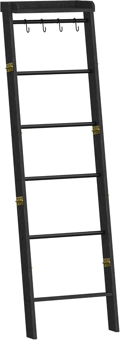 Hzuaneri Blanket Ladder Shelf, Decorative Quilt Rack, 6-Tier Farmhouse Ladder Holder Organizer with 4 Removable Hooks 7.9" D x 17.3" W x 63.4" H, Rustic Brown BR35801B