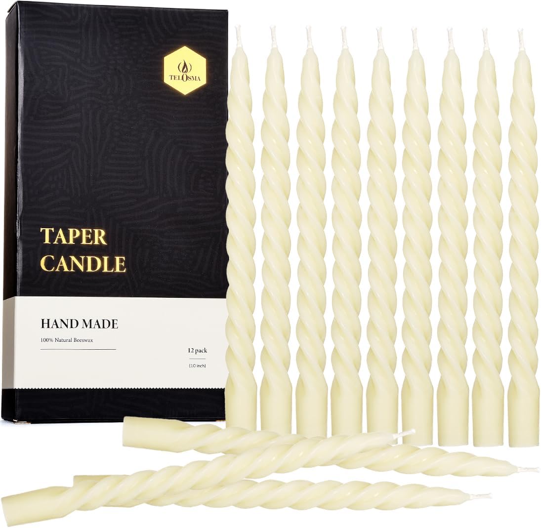 Beeswax Taper Candles Set of 4,Spiral Taper Candle Dripless Short Candle Sticks for Dinner Wedding Party Christmas Home Decorations - 7 inch in Height- Off White