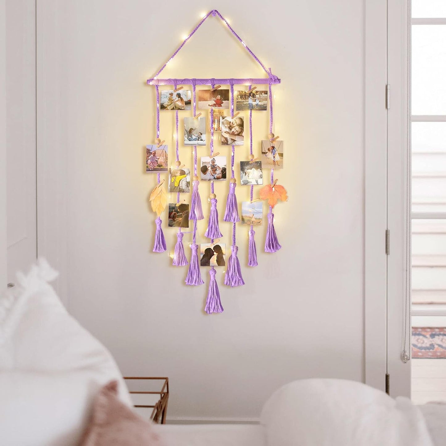 Homecor Hanging Photo Display Wall Decor, Macrame Wall Hanging Boho Room Bedroom Decor, Picture Frame Collage Board with Light 30 Clip, Christmas Teenage Teen Girl Gifts Ages 10 11 12 13 14 Years Old