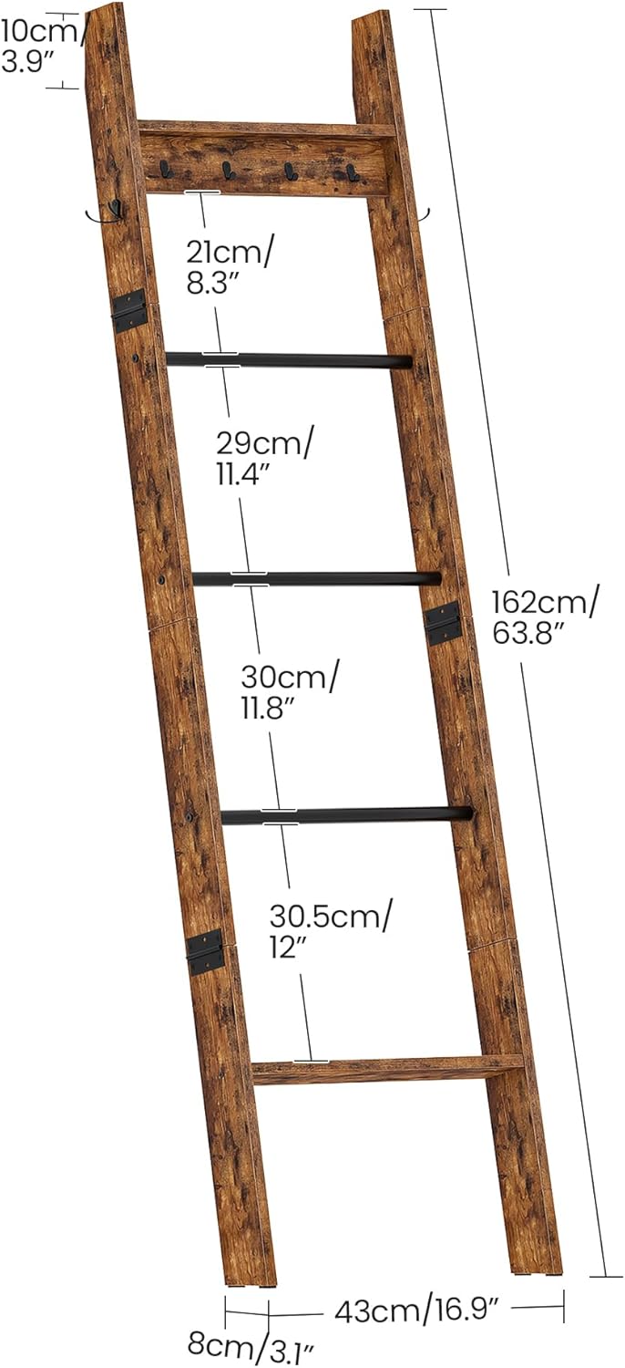 CHOEZON 5-Tier Blanket Ladder, Wooden Blanket Display Rack, Towel Ladder with Hooks, Wall Leaning Display Shelf, for Living Room, Bedroom, Balcony, Rustic Brown and Black MCJ02FG