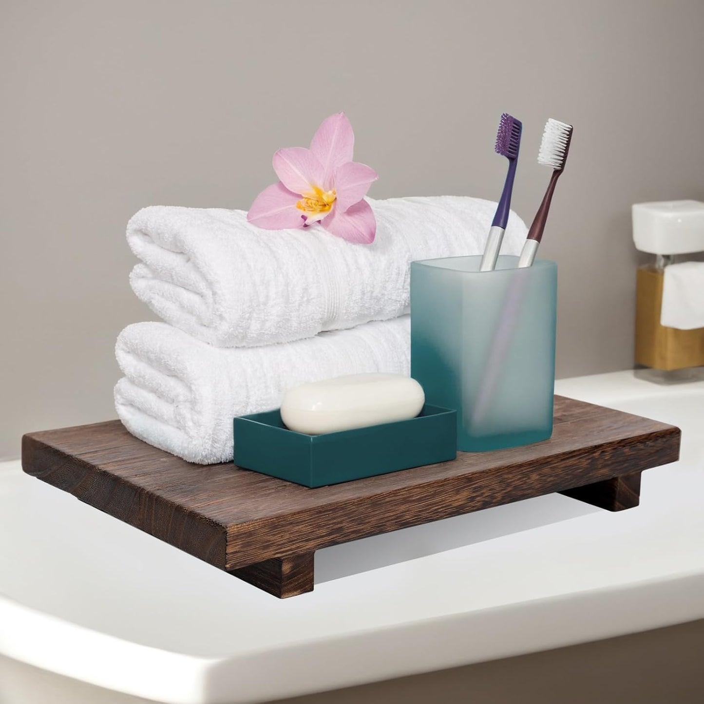 (12 x 7 Inch) Wood Riser Soap Tray, Farmhouse Wood Pedestal Stand for Kitchen Counter Sink, Rustic Wooden Riser Decorative Bathroom Counter Dishes Plant Bottles Candles Display
