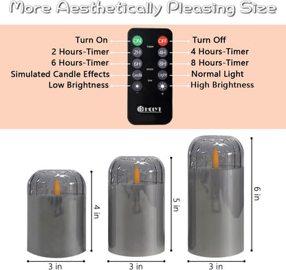 Rechargeable Flameless Glass Pillar Candles–Gifts for Women,–Set of 3, Realistic Flickering LED Light,Remote & Timer, Ideal for Living Room, Bedroom & Festival Wedding Home Party Decor