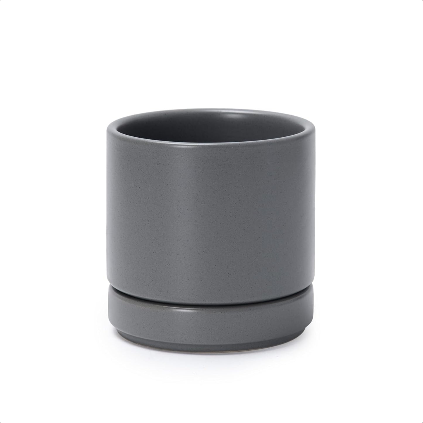 D'vine Dev 6.5 Inch Ceramic Planter Pot with Drainage Hole and Saucer, Indoor Cylinder Round Planter Pot, Olive, 94-O-C-J