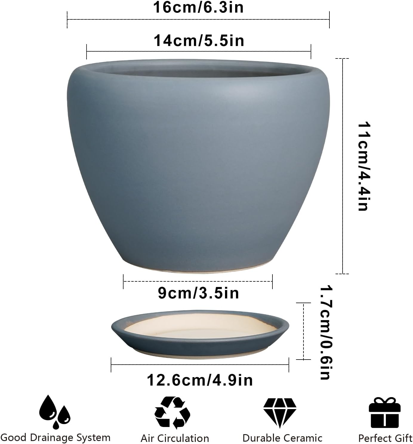 Ceramic Modern Glaze Succulent Planter Pot with Drainage Hole and Saucer 6 Inch Round Flower Plant Pot for Indoor Outdoor Herb Snake Plants