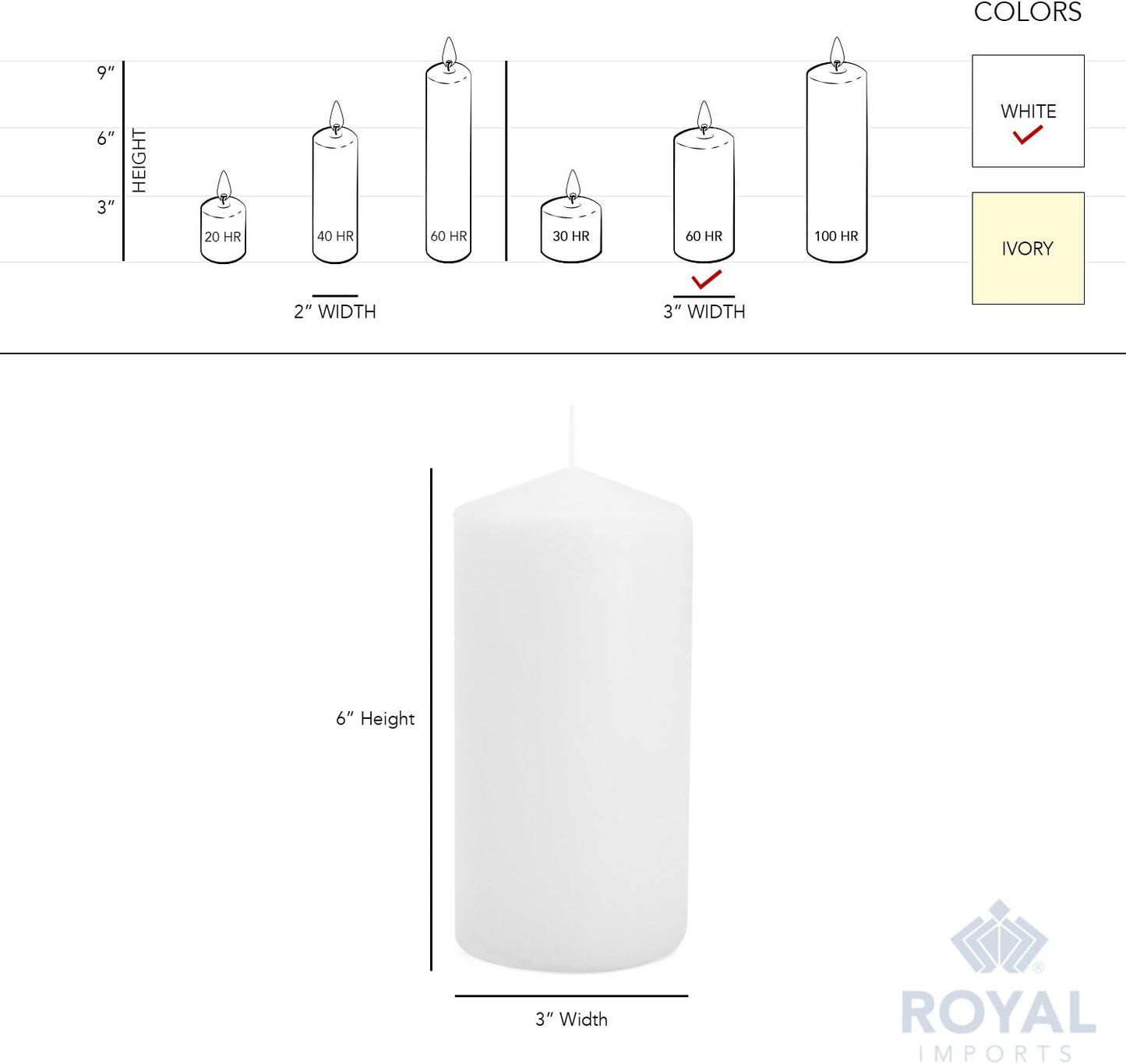 Royal Imports Pillar Candles White Unscented Premium Wax, 60 Hours Burning for Wedding, Spa, Party, Birthday, Holiday, Bath, Home Decor - 3"x6" Inch - Set of 12