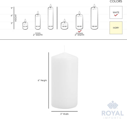 Royal Imports Pillar Candles White Unscented Premium Wax, 60 Hours Burning for Wedding, Spa, Party, Birthday, Holiday, Bath, Home Decor - 3"x6" Inch - Set of 12