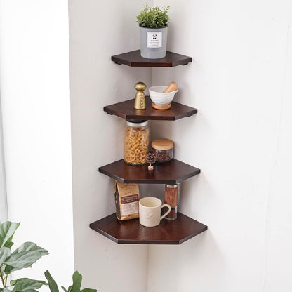 Corner Wall Shelves, Corner Floating Shelves Set of 2 Solid Oak Wood Display Shelf with Wire Hole Small Plant for Kitchen Living Room Natural