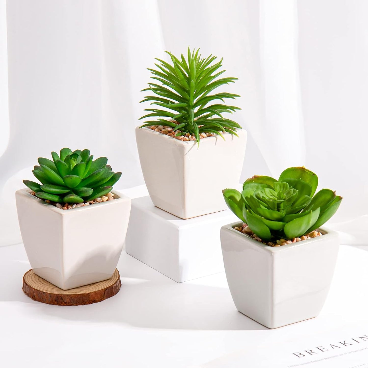 Briful Mini Fake Plants 4 Packs Succuletns Artificial Potted Plants in Cube Glass Vase Faux Succulents for Bathroom Living Room Kitchen Shelf Table Decor