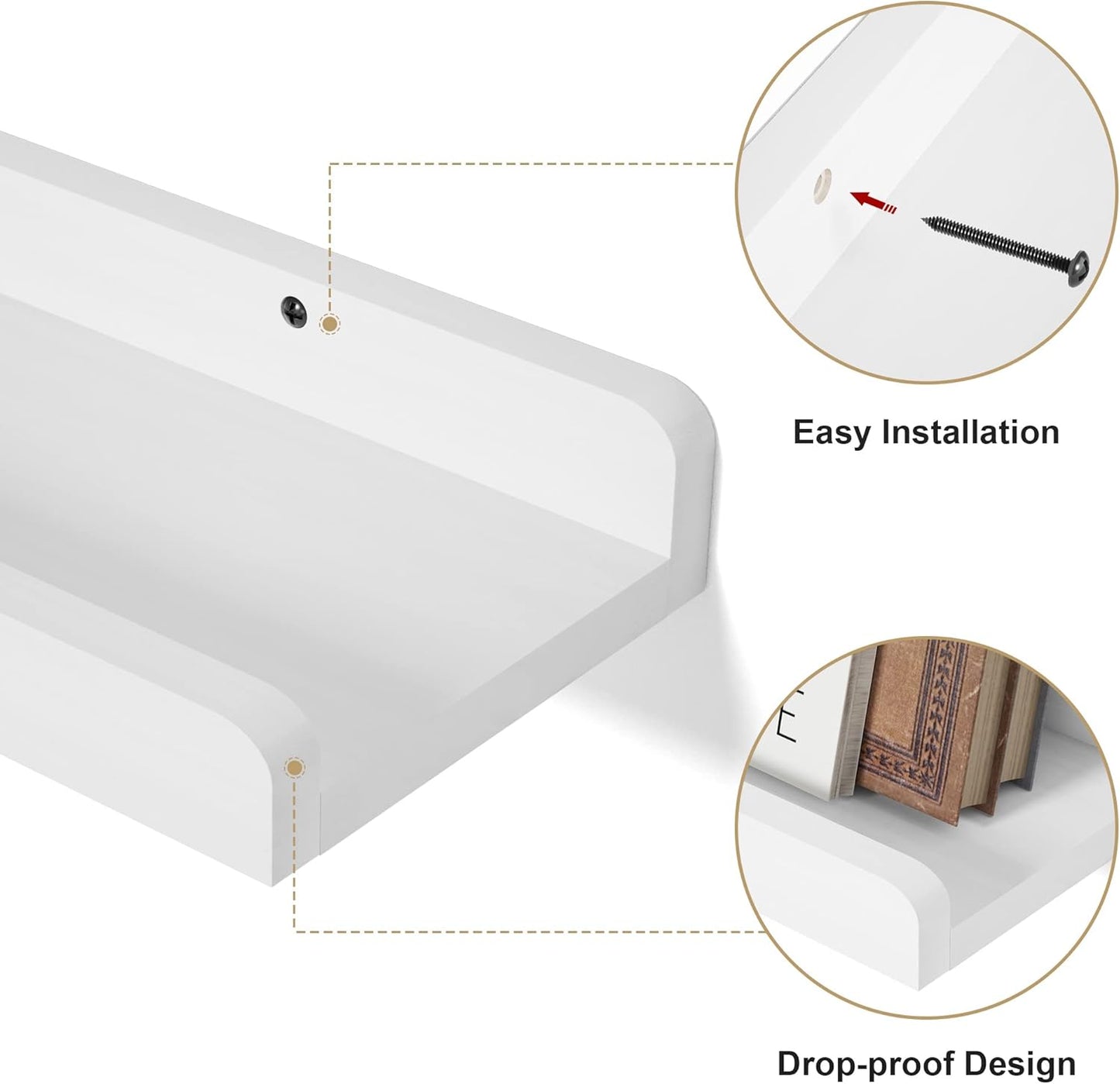 Love-KANKEI Floating Shelves Wall Mounted Set of 2, 17 Inch Rustic Wood Wall Shelves for Storage, Bedroom Living Room Bathroom Kitchen Office and More White