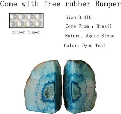 JIC Gem Dyed Blue Agate Bookends Geode Decorative Book Ends for Heavy Books with Rubber Bumpers for Office and Home Decoration Polished Small Size 2 to 3 Lbs