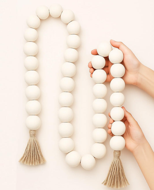 AceList 72" Large Wood Bead Garland with Tassels - Chunky Boho Farmhouse Decor for Coffee Table, Mantel & Entertainment Center - Natural Prayer Beads & Coastal Tray Styling (1.5 Inch Big Beads)