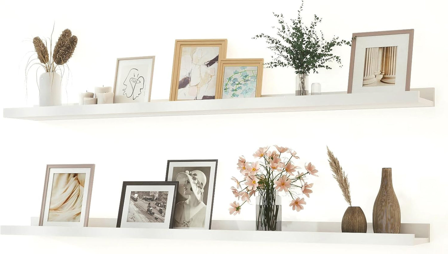 White Floating Shelves for Wall Decor, Wall Mounted Wood Storage Shelf for Bedroom, Living Room, Bathroom, Kitchen, Nursery, Display Picture Ledge Shelf with Lip Set of 2-14 Inches, White