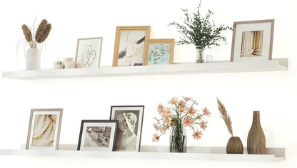 White Floating Shelves for Wall Decor, Wall Mounted Wood Storage Shelf for Bedroom, Living Room, Bathroom, Kitchen, Nursery, Display Picture Ledge Shelf with Lip Set of 2-14 Inches, White