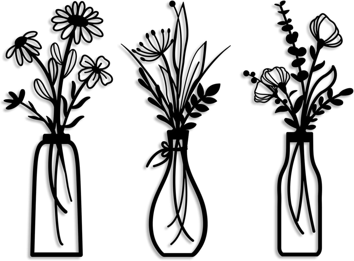 Pigort 3 Pieces Metal Flowers Wall Art- Rustic Farmhouse Decor Minimalist Decor for Living Room Bathroom Bedroom Dining Room, Housewarming Gifts Christmas Decoration(Beige, Vase-C)