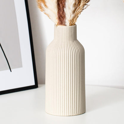 Bohemian White Ceramic Vase - for Pampas Grass, Mantel, Bookshelf, Entryway and Living Room Decor (White, 7in)