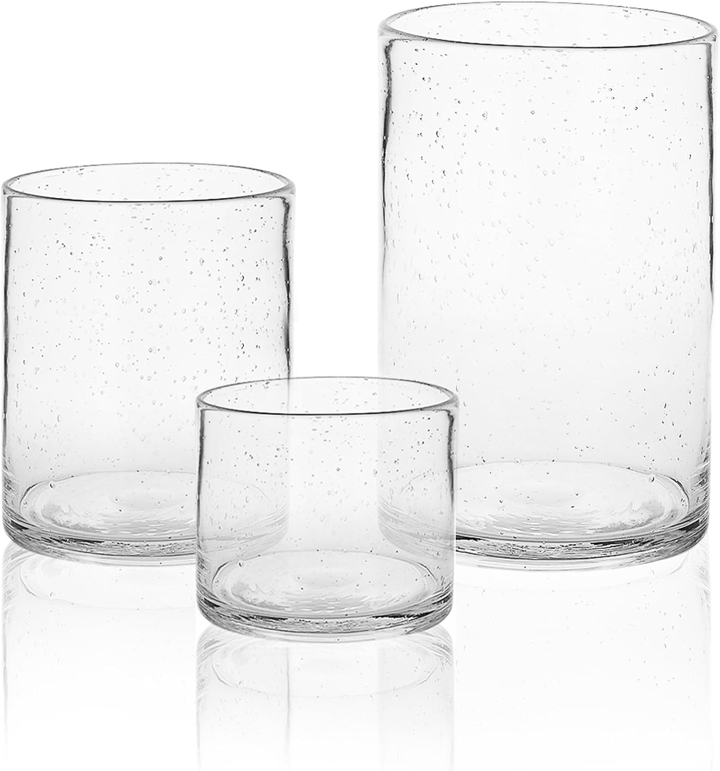 Hurricane Candle Holders for Pillar Hand Blown Glass Cylinder Vases Table Centerpiece Bulk Room Decor Clear Seeded Bubbles Living Dining Kitchen Island 10" 7" 4" Set of 3
