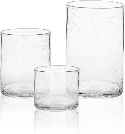 Hurricane Candle Holders for Pillar Hand Blown Glass Cylinder Vases Table Centerpiece Bulk Room Decor Clear Seeded Bubbles Living Dining Kitchen Island 10" 7" 4" Set of 3