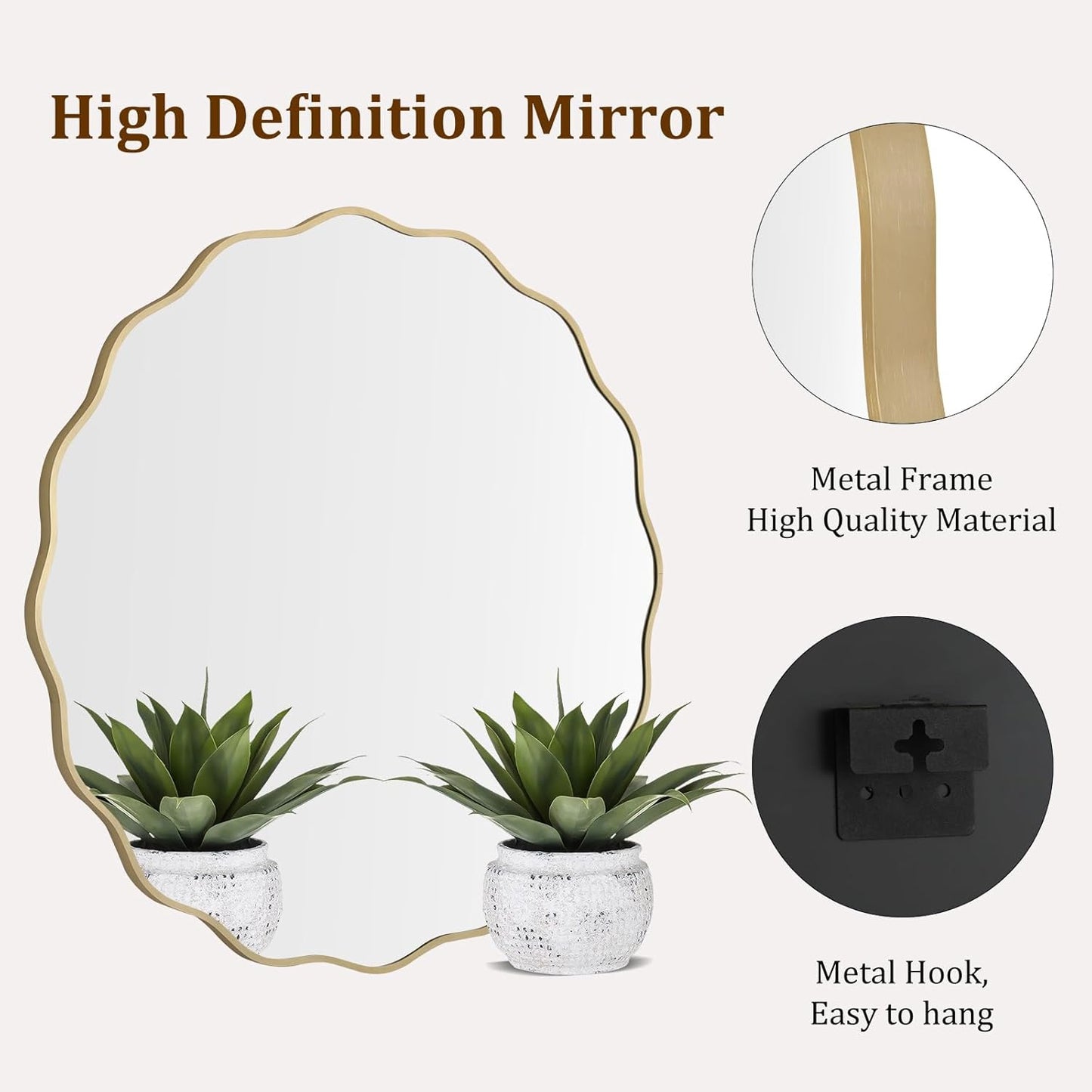 WallBeyond Round Wavy Mirror for Wall Decorative 24 inch, Modern Round Mirror Aluminum Frame for Bathroom Bedroom Living Room Home House Office Entryway, Gold