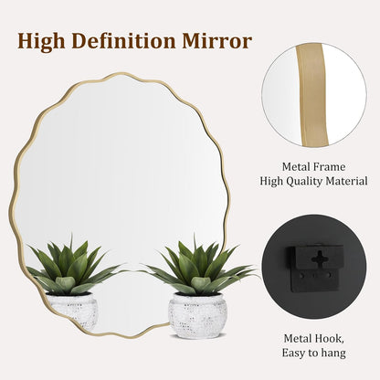 WallBeyond Round Wavy Mirror for Wall Decorative 24 inch, Modern Round Mirror Aluminum Frame for Bathroom Bedroom Living Room Home House Office Entryway, Gold