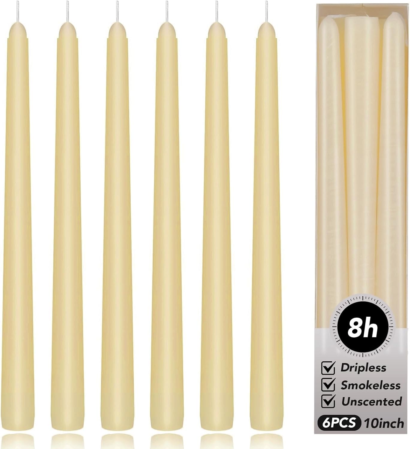 KORCCI Ivory Taper Candles 10 Inch - Set of 6 Long Candles, 8 Hours Long Burning, Smokeless & Unscented & Dripless, for Christmas Holiday Décor, Weddings, Birthdays, Dinner, Rituals (Ivory)