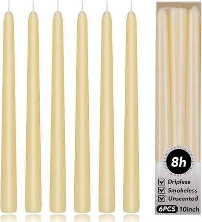 KORCCI Ivory Taper Candles 10 Inch - Set of 6 Long Candles, 8 Hours Long Burning, Smokeless & Unscented & Dripless, for Christmas Holiday Décor, Weddings, Birthdays, Dinner, Rituals (Ivory)