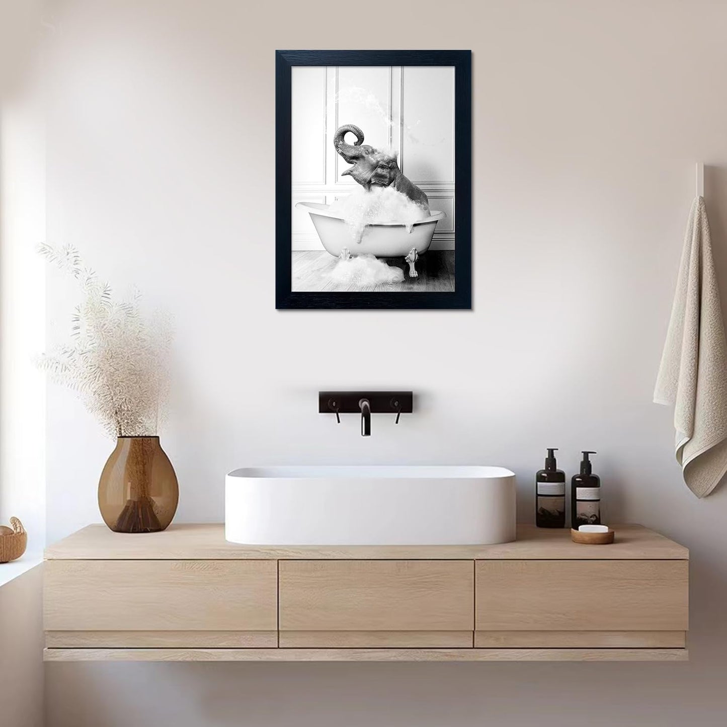Bathroom Picture Wall Decor, Framed Black and White Bathroom Wall Art, Toilet Paper in Little Funny Raccoon's Hand Animal Canvas Print Painting