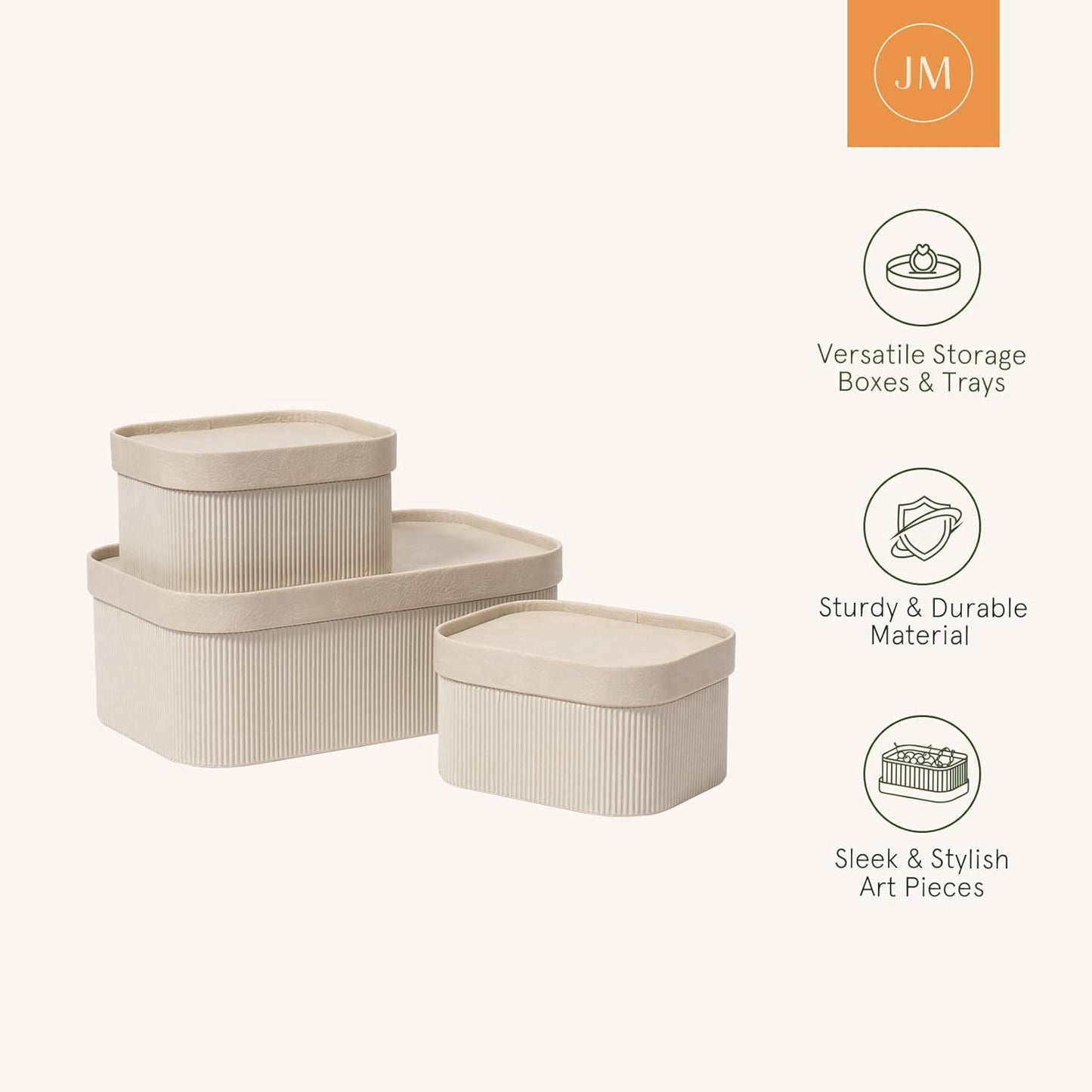 LA JOLIE MUSE Fluted Cardboard Storage Baskets with Leather-Like Lids, Sturdy Stackable Paper Boxes Decorative Tray, Chocolate Brown, Set of 3