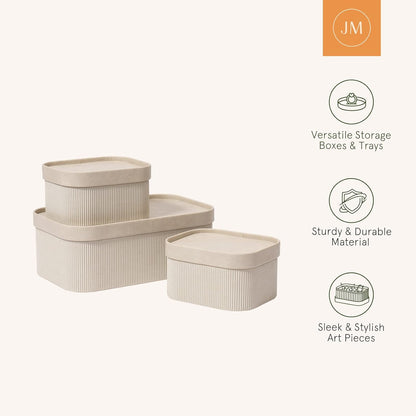 LA JOLIE MUSE Fluted Cardboard Storage Baskets with Leather-Like Lids, Sturdy Stackable Paper Boxes Decorative Tray, Chocolate Brown, Set of 3