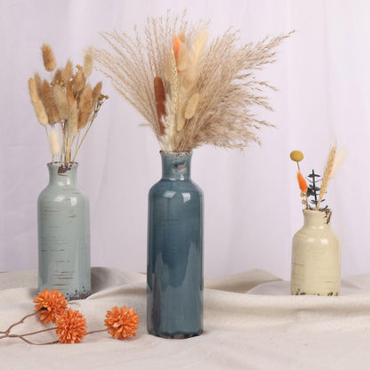 Blue Ceramic Vase Set - 3 Blue Small Vases, Farmhouse Country Flower Vase Home Decor, Living Room Decoration, Table Decoration, Fireplace Decor, and Entrance Decorations Centerpieces