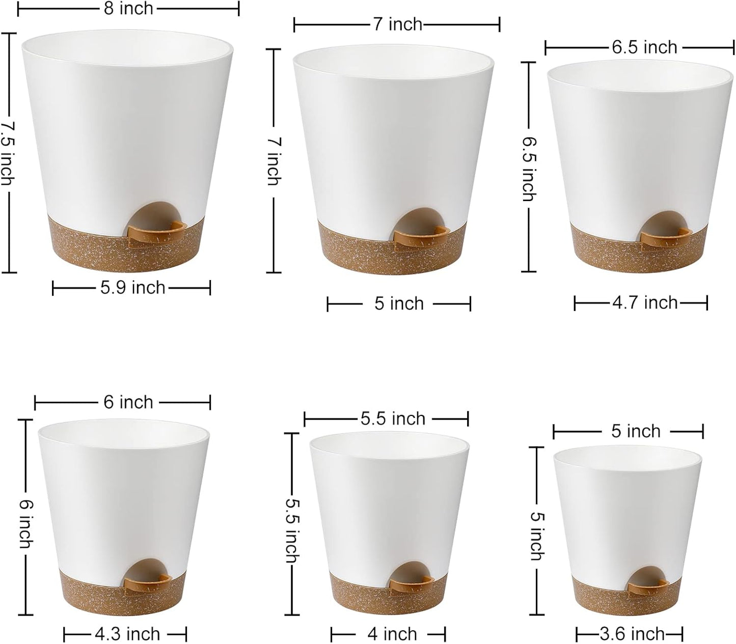 YNNICO Indoor Self Watering Planters with Drainage Holes and Saucers, 8, 7, 6.5, 6, 5.5, 5 Inches, Black, 6 Pots