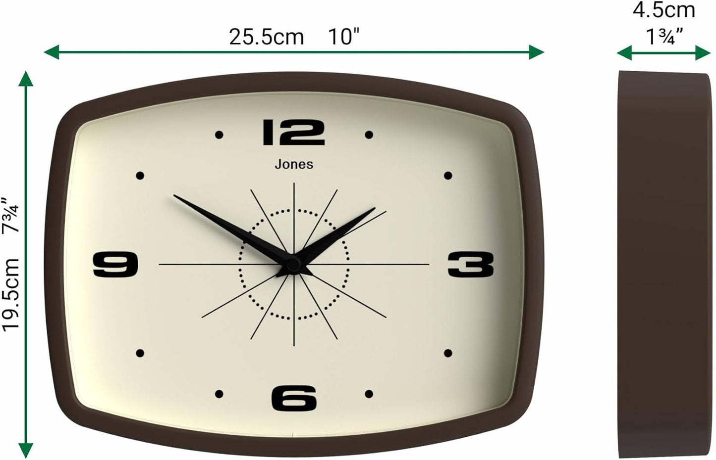 JONES CLOCKS® Movie wall Clock | Retro Rectangular Clock | 10 inch | Orange | Cool mid-Century Designer Look for Kitchen, Living Room or Office