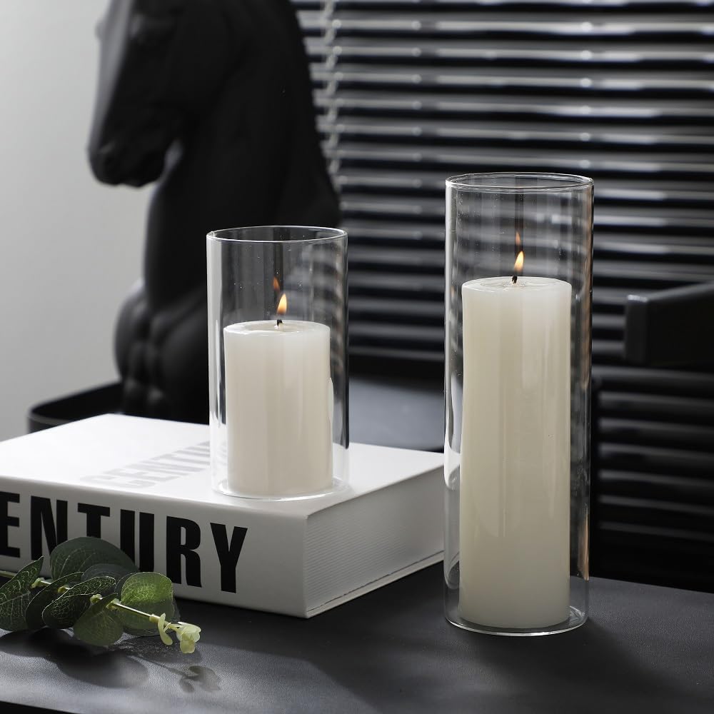 24 Pcs White Pillar Candles and Glass Candle Holders Cylinder Candle Vases for Pillar Candles Hurricane Candle Holders Set for Wedding Party, Event, Home Office Decor