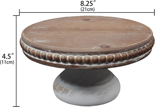 dwellington White Wash Round Display Wood Riser, 8.25” Shabby Chic Pedestal Tray Decor with Beads, Farmhouse Display Stands for Small Items in Coffee Bar, Bathroom, Kitchen Island